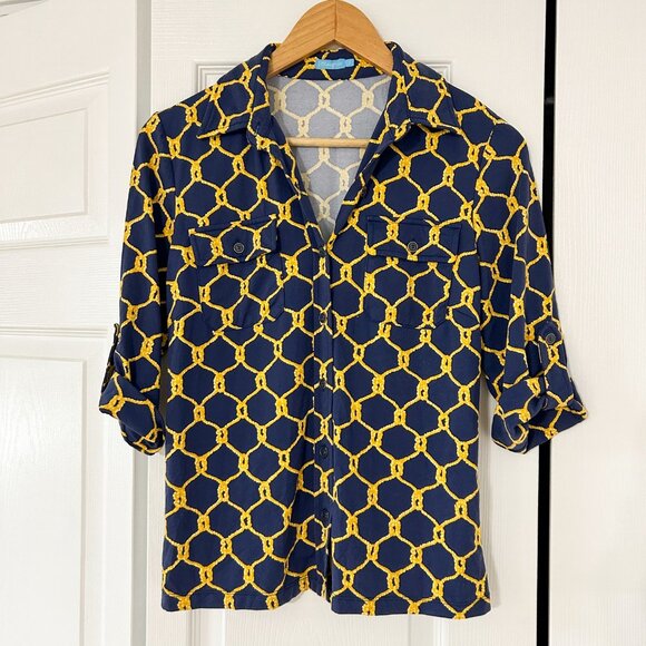 J.McLaughlin Navy Gold Chain Print Button Front Top Roll Tab Sleeve Small EUC - Picture 1 of 6